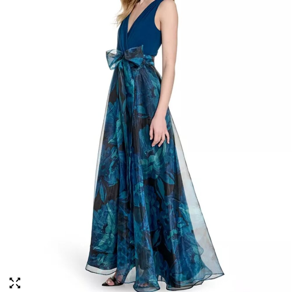 Eliza J Teal Floral Chiffon Ball Gown | Size 12 | Sleeveless V-Neck - Picture 12 of 12